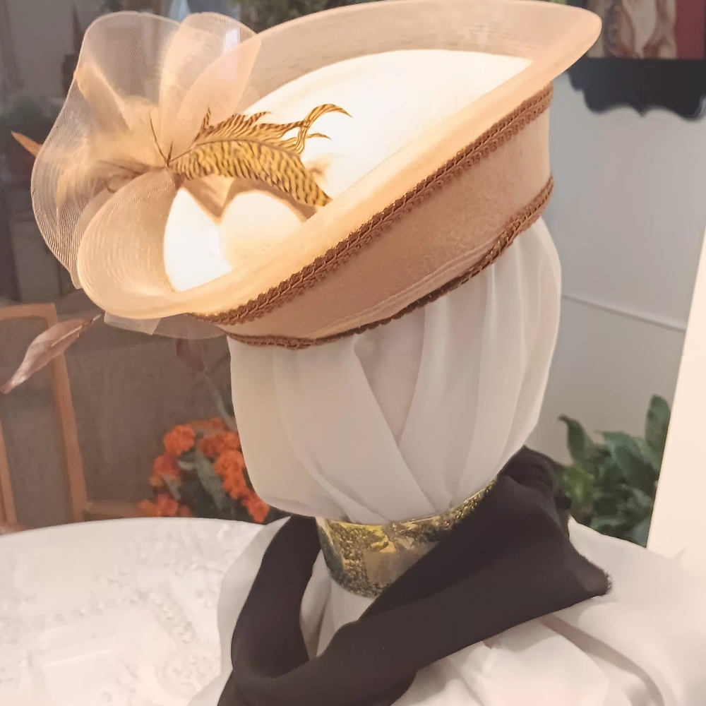 Elegant Tan Fascinator with Feather Accent